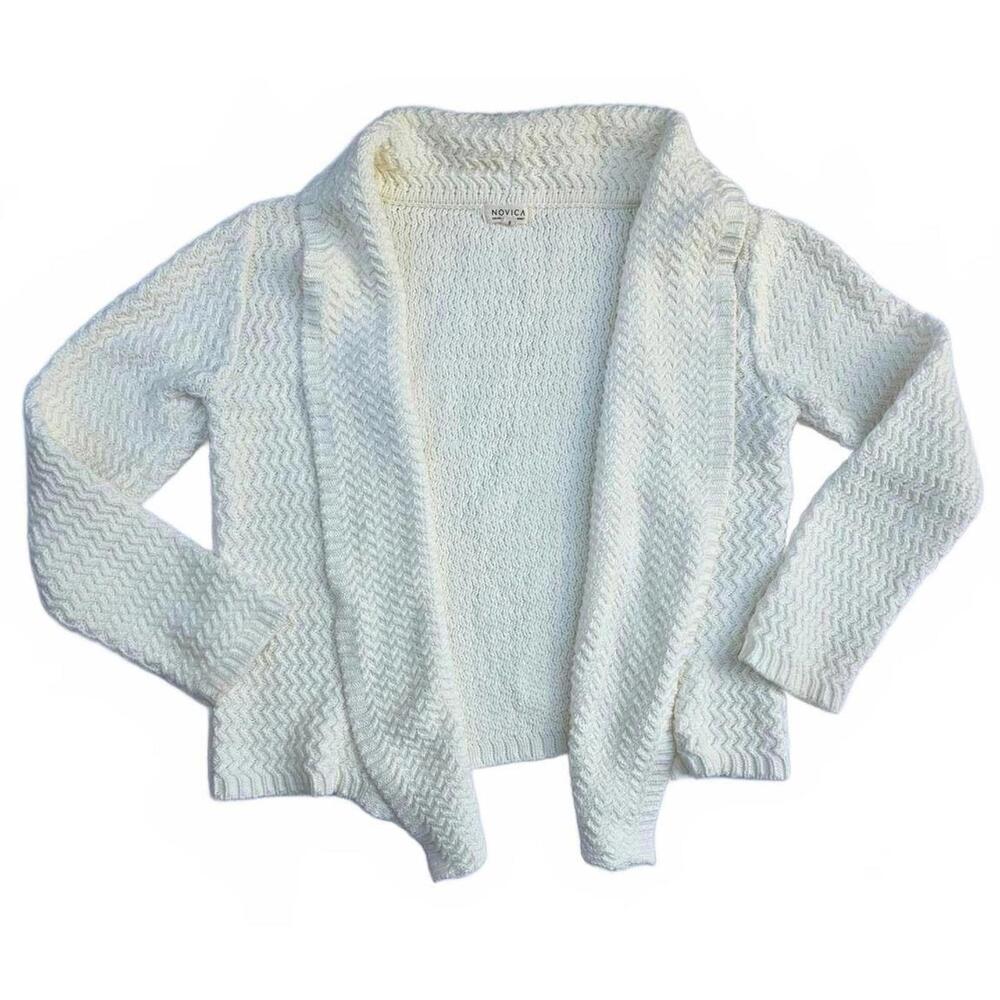 Craft Sweater Novica Cotton Cardigan Cream Open Small Cozy Chic Honeycomb Shawl
